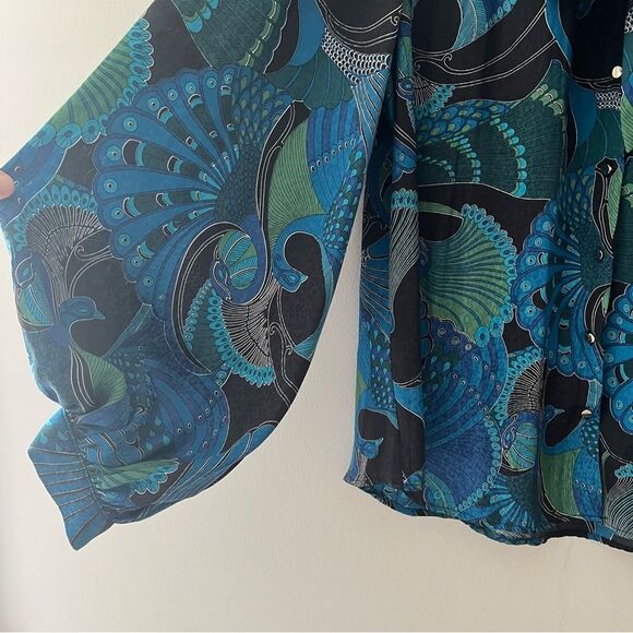 Chicos Peacock Blouse Tie Neck Balloon Statement Sleeve Silky Satin Size 3 16/18 - Picture 4 of 10